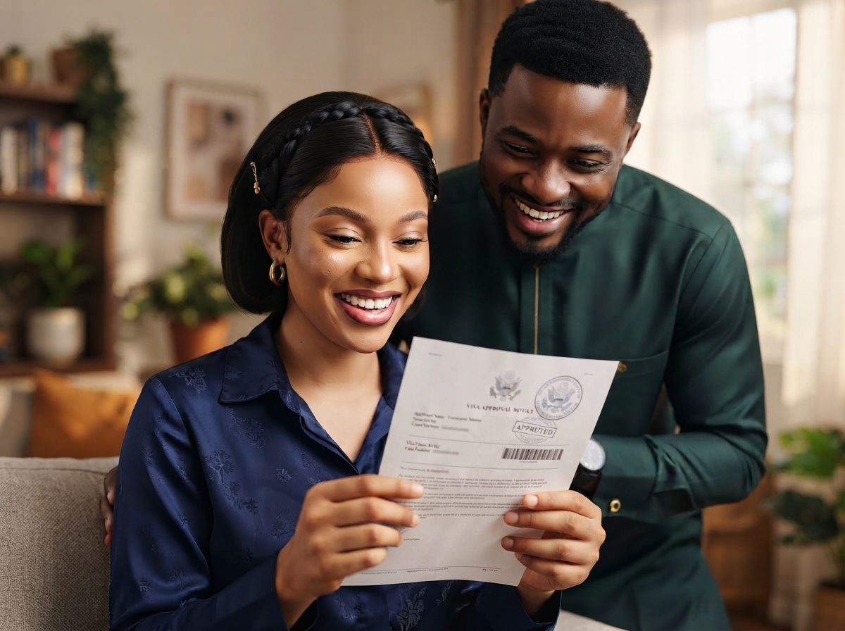 A happy Nigerian couple celebrating their approved visa with TravelNow